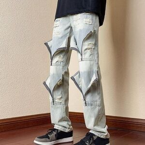 Mens D’andijieshen Faded Ripped Zipper Streetwear Jeans